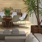 Visualização arquitetônica para design de interiores em living de apartamento residencial, modelo em 3D com especificação de tecidos, luminárias, pinturas e mobiliário.